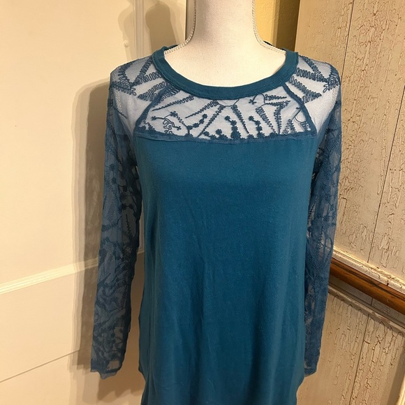 Free People Teal Lace Long Sleeve Top - Picture 1 of 11